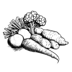 Fototapeta premium Engraved illustration of assorted vegetables including carrots, broccoli, and beets arranged artistically on a white background