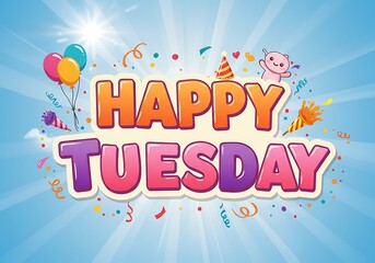 Joyful Tuesday: Colorful Festive Typography with Balloons and Confetti