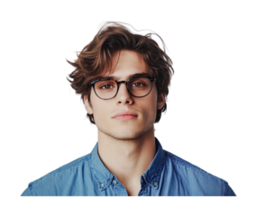 Young man with stylish glasses wearing a denim shirt, showcasing a confident expression suitable for professional or casual use, cut out