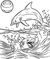 Obraz premium fish, dolphin, animal, vector, sea, shark, illustration, cartoon, ocean, water, silhouette, blue, white, isolated, mammal, underwater, tattoo, black, icon, logo, dolphins, wildlife, art, marine, swimm