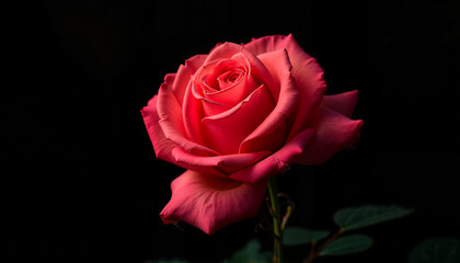 Fototapeta premium Single Coral-Pink Rose Against Black Background, rose bush