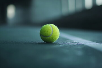 Tennis ball on wet court with bokeh lights. Great for night game mood, competition, motivation, and sporty lifestyle content. Perfect for tennis blogs and ad banners.

