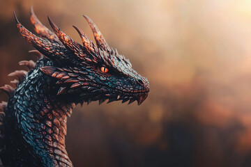 imposing sapphire dragon with crystalline scales and curved obsidian horns, profile view against smoky backdrop