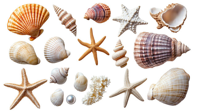 Seashell collection with pearls, starfish, and small corals, ocean treasures, isolated on white background, PNG format 