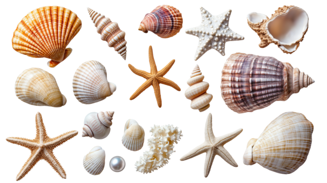 Seashell collection with pearls, starfish, and small corals, ocean treasures, isolated on white background, PNG format 