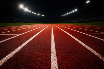 Running track lanes in stadium, captured from ground level. Perfect for fitness motivation, sports training, marathon preparation, or athletic competition visuals.

