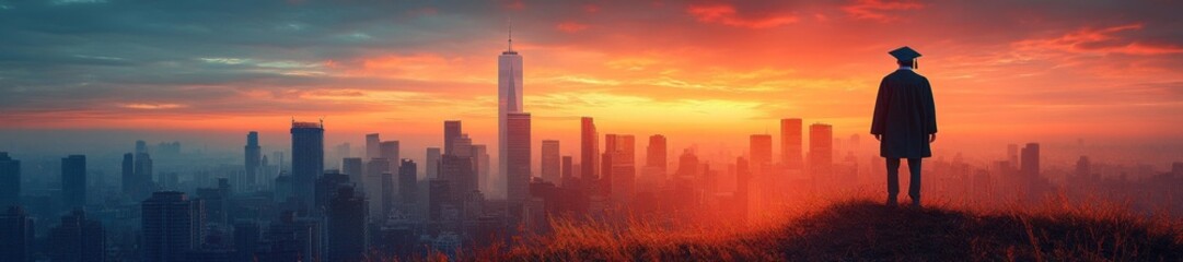 Naklejka na ściany i meble A silhouette of a graduate overlooking a vibrant city skyline at sunset. Generative AI