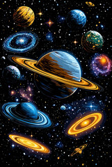 Stunning Colorful Space Art Featuring Planets Stars Solar System Universe Saturn Earth Nebula Galaxy Cosmos Orbit Celestial Heavenly Spacecraft Vibrant