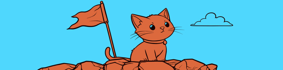 Obraz premium Cute Cartoon Orange Cat on Rocky Peak with Flag in Blue Sky Scene - Adorable Kitten on Rugged Terrain Illustrative Art for Children's Storybooks