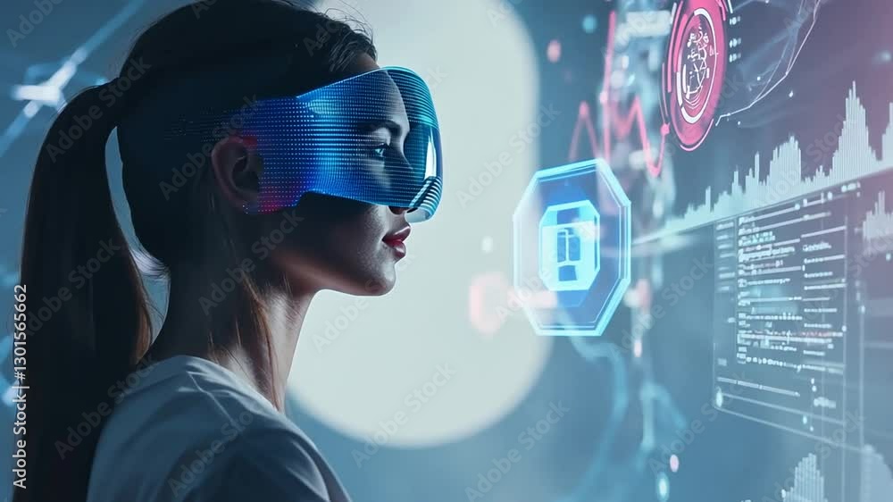 Aufkleber woman experiencing virtual reality with futuristic interface and data visualization