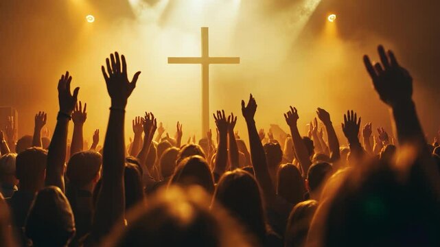 Worshiping crowd raises hands, cross in spotlight
