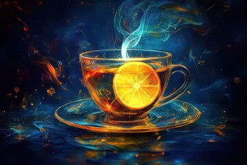 Glowing cup of tea with lemon, surrounded by herbal leaves, honey, and fresh ingredients, with a backdrop of warm sunlight, nurturing and restorative, symbolizing health