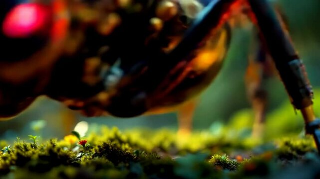 Close-up of a mechanical ant's head, moss, flowers. Steampunk insect, biorobotics, nature/tech fusion. Symbiosis, micro-world perspective. Extreme macro view, rendered in 4K 60 fps.