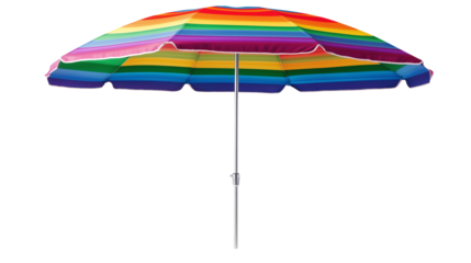 Vibrant beach umbrella with rainbow stripes, sunshade for hot summer days, isolated on white background, PNG format