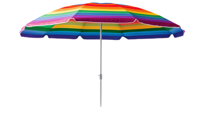 Vibrant beach umbrella with rainbow stripes, sunshade for hot summer days, isolated on white background, PNG format