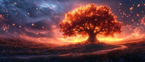 Fototapeta premium Glowing tree of life illuminating endless spring meadow at sunset. Generative ai illustrations