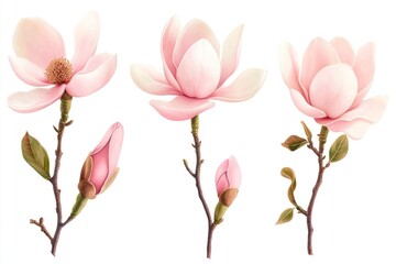 Fototapeta premium Four pink magnolia blossoms and buds on branches.