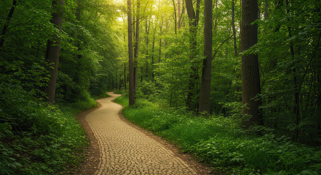 Forest Pathway Through Lush Greenery with Sunlight Filtering Through Trees