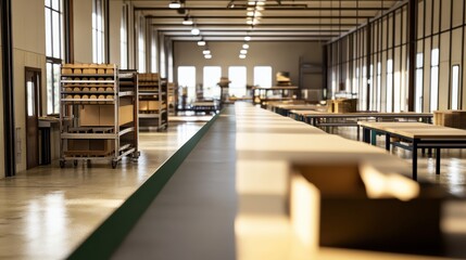 Fototapeta premium Bright and Spacious Warehouse Interior with Workstations and Shelving