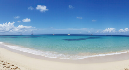 Fototapeta premium Summer Beach with Blue Ocean and Clear Sky in a Tranquil Coastal Landscape