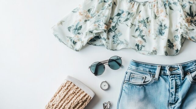 Flat lay summer fashion outfit, light top, denim shorts, sunglasses, accessories on white background - Powered by Adobe