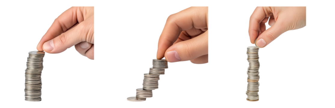 Hand Stacking Coins in Three Steps for Savings Isolated on transparent background