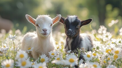 Adorable Baby Goats in Daisy Meadow: A Springtime Delight