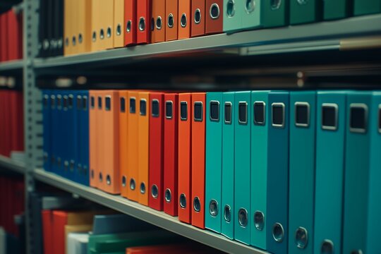 Colorful office binders organized on shelves in a systematic array