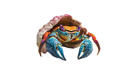 Colorful hermit crab peeking out of its shell, beach wildlife, isolated on white background, PNG format