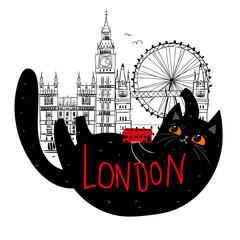 Black Cat in London illustration, Fun Travel Illustration with Big Ben London Eye