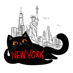 Black Cat in New York, Fun Travel Illustration with NYC Skyline