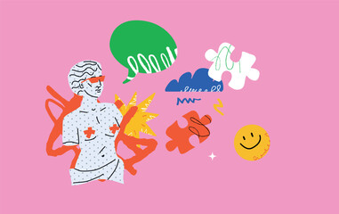 A surreal illustration with a stylized classical statue surrounded by abstract figures, puzzle pieces and a speech bubble. A playful, bold, provocative composition.