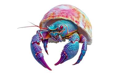 Colorful hermit crab peeking out of its shell, beach wildlife, isolated on white background, PNG format