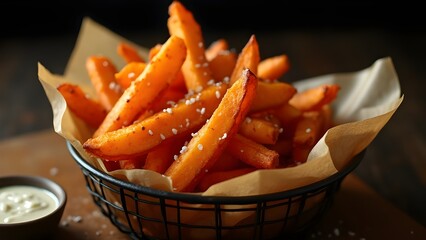 Crispy Sweet Potato Fries in a Basket with Dipping Sauce.