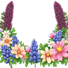 Vibrant Floral Frame with Purple and Pink Blooms, Daisy Accents, and Lush Green Leaves for Elegant Botanical Designs and Creative Decorative Projects