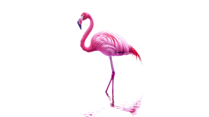 Flamingo standing on one leg, vibrant pink feathers, tropical bird, isolated on white background, PNG format