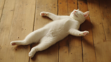 The white cat lounges lazily on its back, its fur contrasting gently with the wooden floor beneath it.


