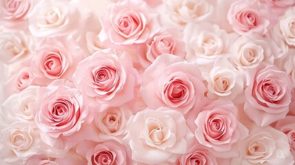 Fototapeta premium Delicate pink rose flowers in soft blurred focus. Toned pastel background for Valentine's Day and wedding card.