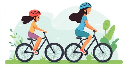 Fototapeta premium Mother and daughter cycling outdoors, enjoying a family day in park
