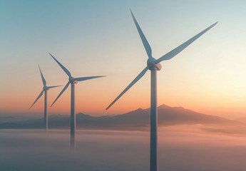 Fototapeta premium A breathtaking image of towering wind turbines standing above a sea of mist at sunrise, symbolizing the future of renewable energy and environmental sustainability