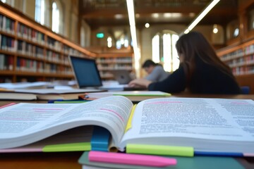 A library study table with open textbooks, notebooks, a highlighter, and a laptop, with a student sitting in the background, writing notes and reviewing material