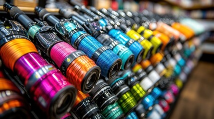 Colorful fishing line spools on store display, with blurred background of fishing gear