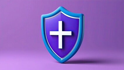Obraz premium A 3D shield featuring a cross icon on a purple background that is isolated. defense against illness. medical concept for healthcare security insurance. 3D Blue shield icon for minimal insurance. 3d re