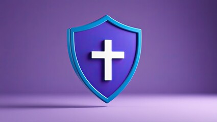 Obraz premium A 3D shield featuring a cross icon on a purple background that is isolated. defense against illness. medical concept for healthcare security insurance. 3D Blue shield icon for minimal insurance. 3d re