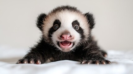 Obraz premium Adorable Panda Cub Lying on White Sheet Smiling with Soft Background