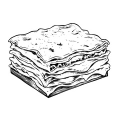 Influential lasagna illustration featuring layered pasta, meat, and rich sauce in a classic engraving style