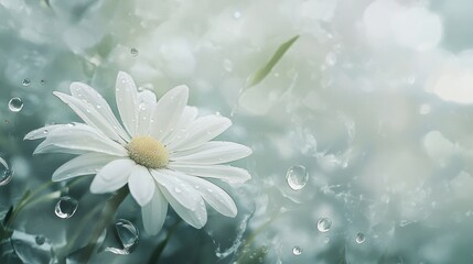 Delicate White Daisy in Rain, Soft Background