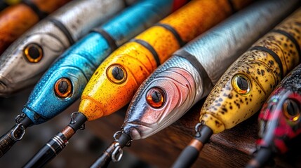 Colorful fishing lures on wooden surface, fishing tackle shop display