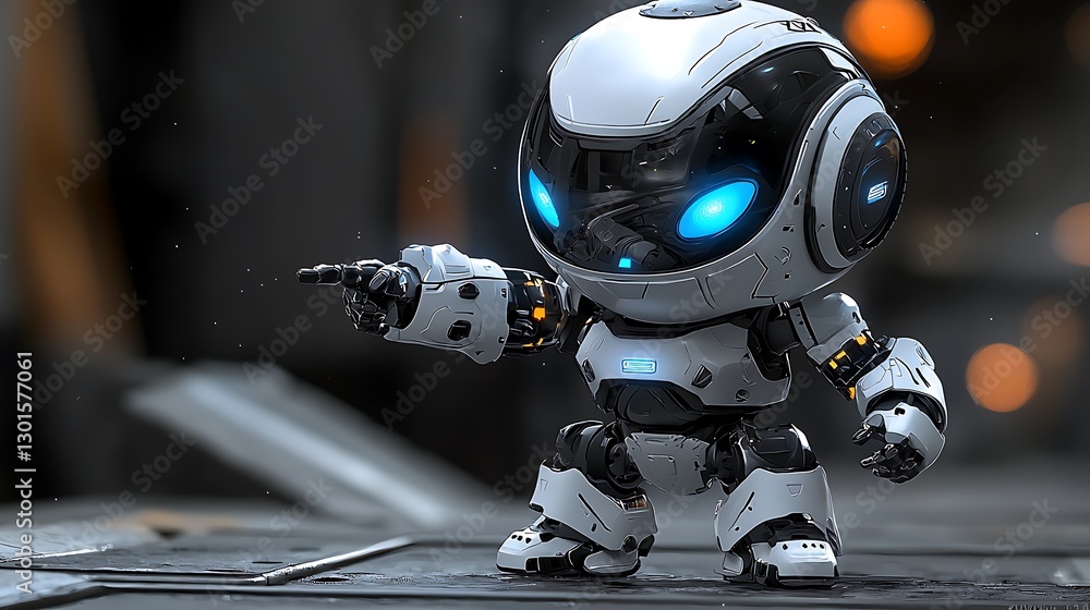 Poster Adorable robot pointing towards a blurred background in a futuristic setting