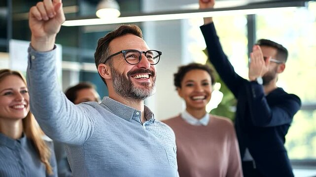 Team members joyfully acknowledge successful teamwork in a contemporary workspace.